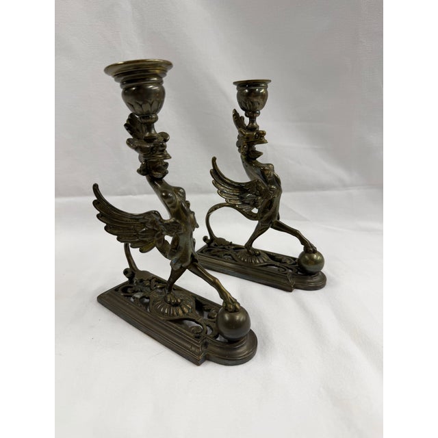 Early 19th Century Neo Classical Brass Chimera Candle Sticks For Sale - Image 4 of 12