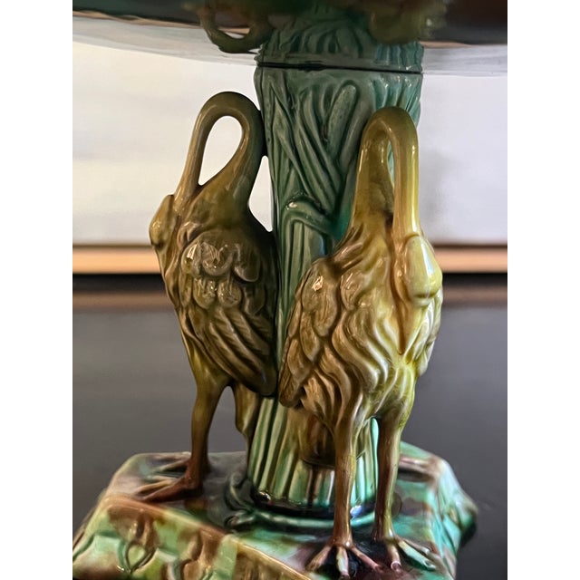 Antique English Majolica Pond Lily Compote With Stork , C. 1880's For Sale In San Francisco - Image 6 of 16