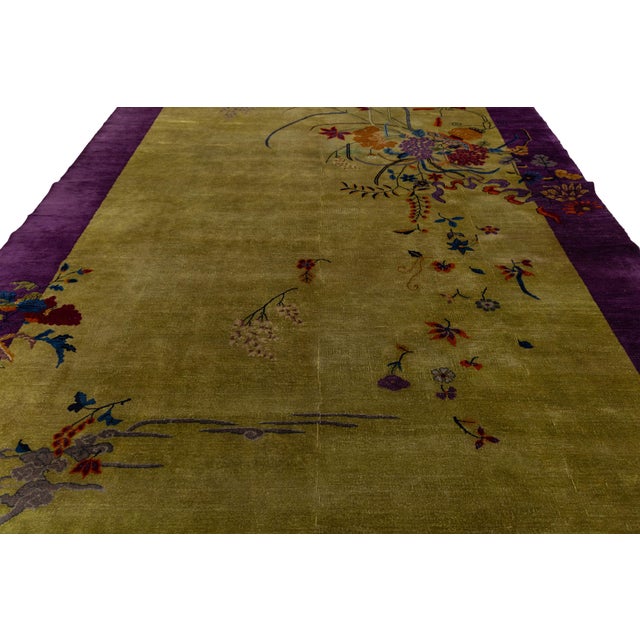 Antique 1920s Art Deco Chinese Rug in Chartreuse Olive and Imperial Violet 9x12 For Sale - Image 10 of 12