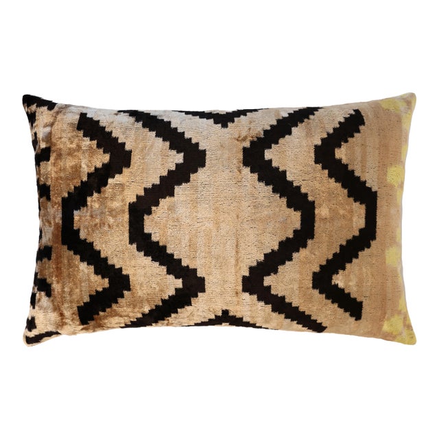 Neutral Black Chevron Silk Velvet Pillow 16x24 Handmade Luxury Cushion For Sale