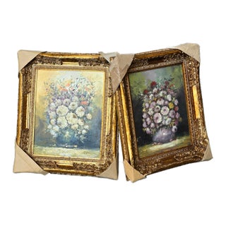 French Rococo Floral Still Life Wall Art With Hand-Finished Gold Leaf Frame Set of 2 For Sale