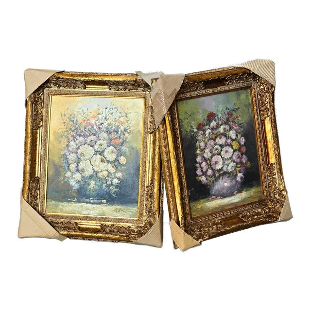 French Rococo Floral Still Life Wall Art With Hand-Finished Gold Leaf Frame Set of 2 For Sale