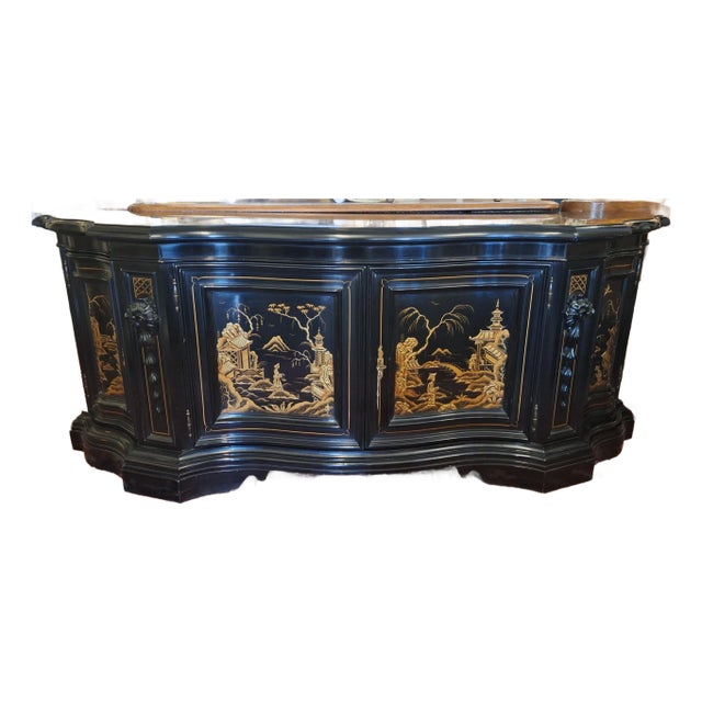 1980s Karges Black Lacquer Japanese Chinoiserie Glass Top Credenza Cabinet For Sale