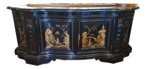 1980s Karges Black Lacquer Japanese Chinoiserie Glass Top Credenza Cabinet