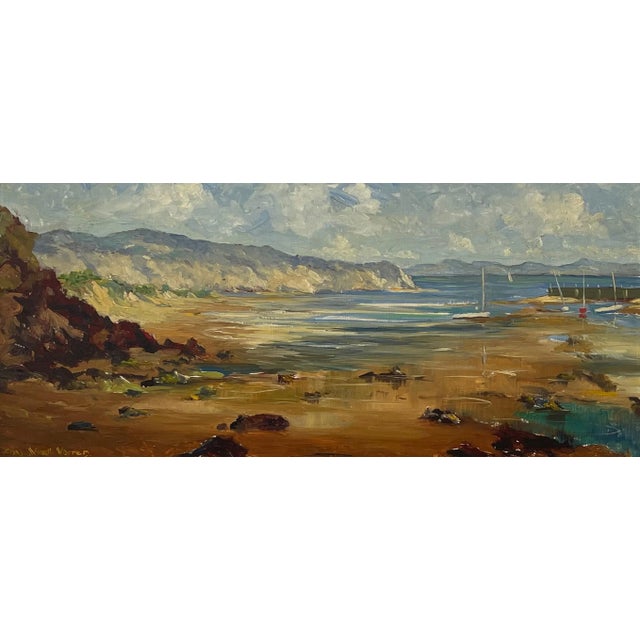 Blue Mid-20th Century Impasto Oil Painting of Coastal Harbour Scene With Mountains in Wales For Sale - Image 8 of 9