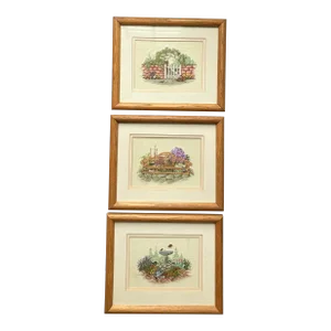1980’s 3 Traditional Cross Stitch Needlepoint Garden Pictures Framed-Set of 3