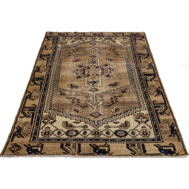 Persian Mid 20th Century Vintage Persian Distressed Brown Handmade Medallion Wool Rug For Sale - Image 3 of 10