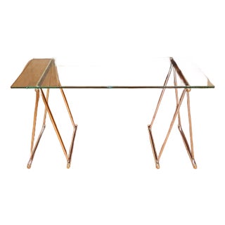 1960s Maison Jansen Style Mid Century Chrome and Brass Glass Top Sawhorse Table Desk For Sale