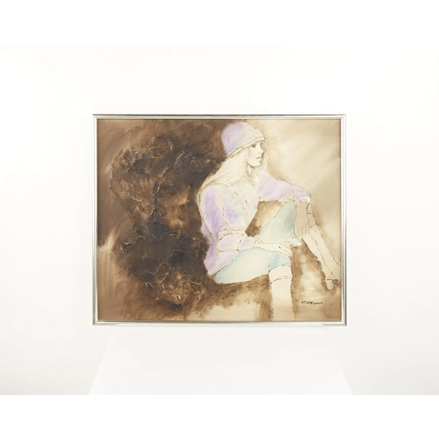 Mid Century Woman in Purple Coat and Hat Artwork For Sale - Image 4 of 5