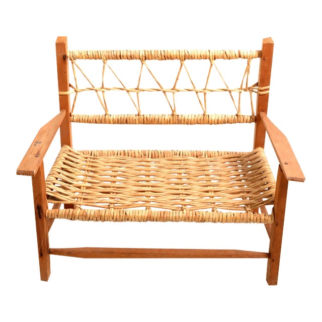 Vintage American Mid-Century Modern Woodworking & Cane Handwoven Doll, Teddy Bear Bench For Sale
