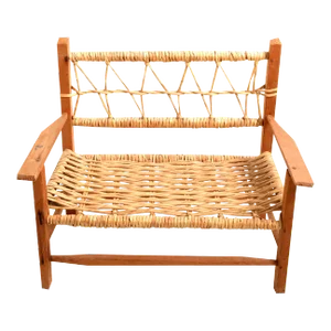 Vintage American Mid-Century Modern Woodworking & Cane Handwoven Doll, Teddy Bear Bench