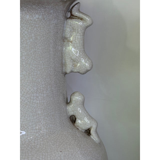 Ceramic Vintage Large Chinese Blanc De Chine Crackle Glazed Porcelain Foo Dog Handle Table Lamps on Hardwood Bases a Pair For Sale - Image 7 of 11