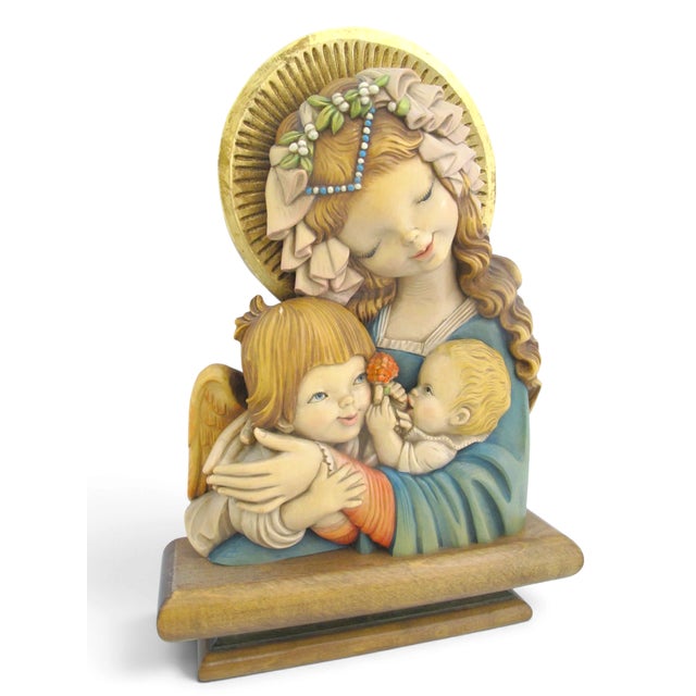 Gold Anri Italy Wood Madonna With Diadem Mary Child Angel Juan Ferrandiz Wall Plaque For Sale - Image 8 of 11
