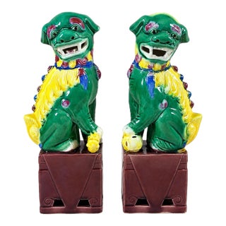 Mid-20th Century Chinese Polychrome Glazed Guardian Lions, Pair For Sale