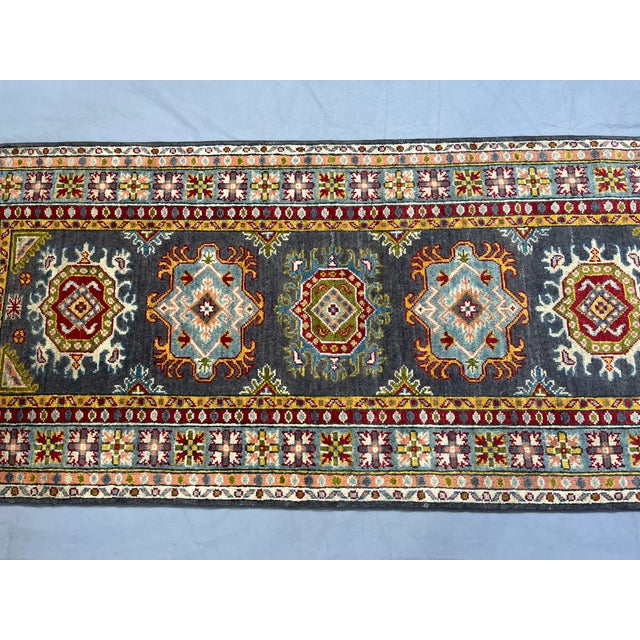 2000 - 2009 Charcoal Gray and Blue Chobi Wool Runner Rug With Tribal Medallions, 2'9" X 6'5" For Sale - Image 5 of 16