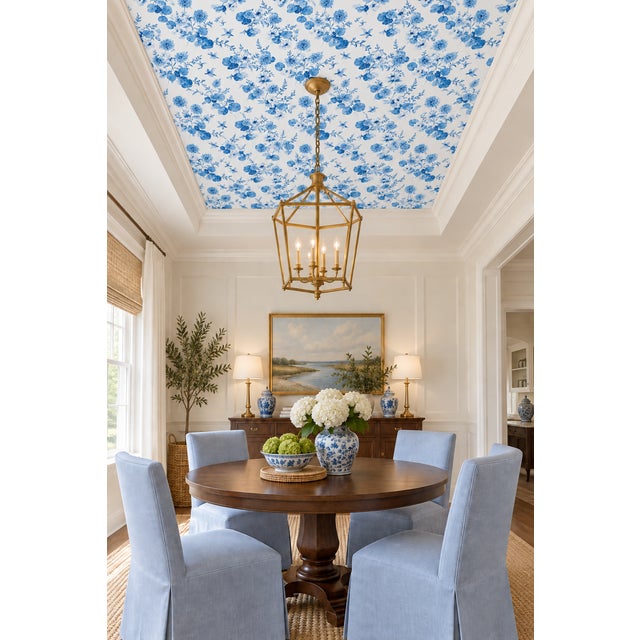 French Chirp Society Floral Grasscloth Wallpaper by House Party | French Blue | 6 Yards For Sale - Image 3 of 11