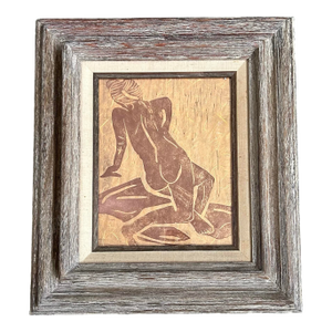 1960’s Original Female Nude Woodblock Print in Vintage Whitewash Wood Frame