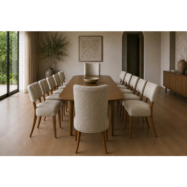 A large circa 1950s Mid-Century Modern dining chair set, offered as a complete set of twelve including two captain’s...