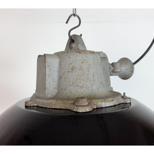 Glass Black Enamel and Cast Iron Industrial Cage Pendant Light from Elektrosvit, 1960s For Sale - Image 7 of 18