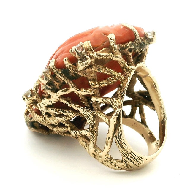 Metal Italian Carved Red Coral Diamond 14k Gold Statement Ring, Circa 1970s, Size 6.25 For Sale - Image 7 of 13
