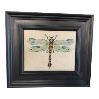 Vintage Dragonfly Orange Body Framed Beaded Needlework For Sale