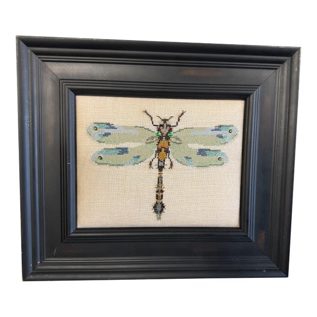 Vintage Dragonfly Orange Body Framed Beaded Needlework For Sale