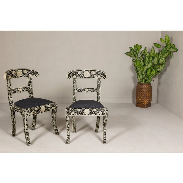 Wood Early 21st Century Anglo-Indian Style Ebonized Side Chairs with Floral Themed Bone Inlay - A Pair For Sale - Image 7 of 12