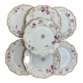 Vintage French Limoges Haviland Luncheon Plates Purple, Blue and Pink Flowers With Gold Edges - Set of 7 For Sale