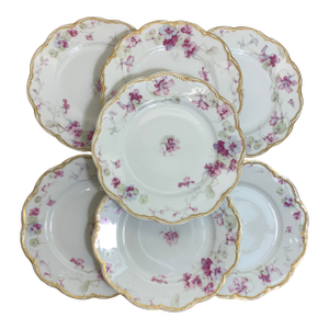 Vintage French Limoges Haviland Luncheon Plates Purple, Blue and Pink Flowers With Gold Edges - Set of 7