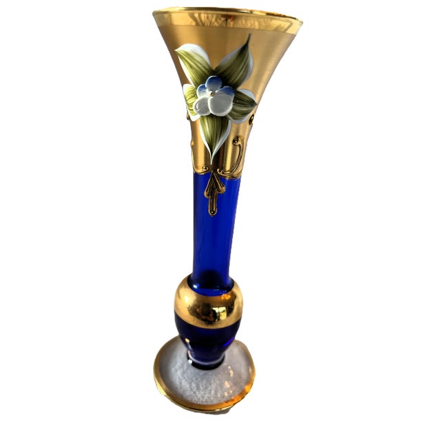 Modern Late 20th Century Murano “Tre Fuochi Florals” Enamel Gold Bud Vase Pair For Sale - Image 3 of 11