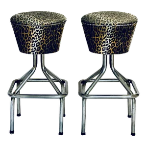 Mid 20th Century Chrome Faux Leopard Swivel Bar Stools, a Pair