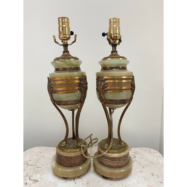 French Antique French Empire Style Brass and Marble Table Lamps - a Pair For Sale - Image 3 of 12