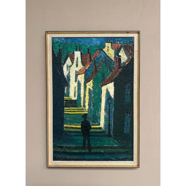 Erik Håfström, Promenad Mellan Hus, 1950s, Oil on Panel, Framed For Sale - Image 8 of 16