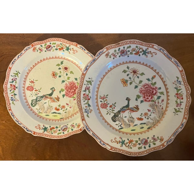 Ceramic Antique 18th Century Chinese Export Famille Rose Porcelain Plates in the Twin Peacock and Peony Pattern - A Pair For Sale - Image 7 of 12