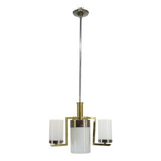 Art Deco Brass and Chrome Chandelier with Opaline Glass, Czechoslovakia, 1930s For Sale