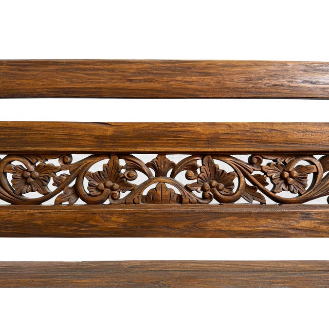 Indian Vintage Balinese Carved Teak Boho Bench For Sale - Image 3 of 6