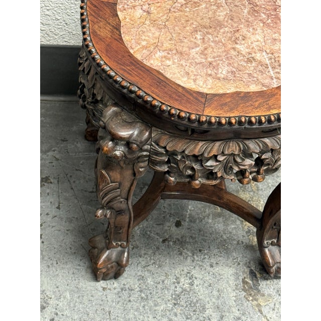 Brown Antique Chinese Carved Rosewood + Marble Plant Stand For Sale - Image 8 of 12