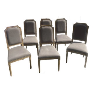 Set of 6 Restoration Hardware Custom Louis XVI Dining Chairs – Belgian Linen Upholstery, Weathered Oak Finish For Sale