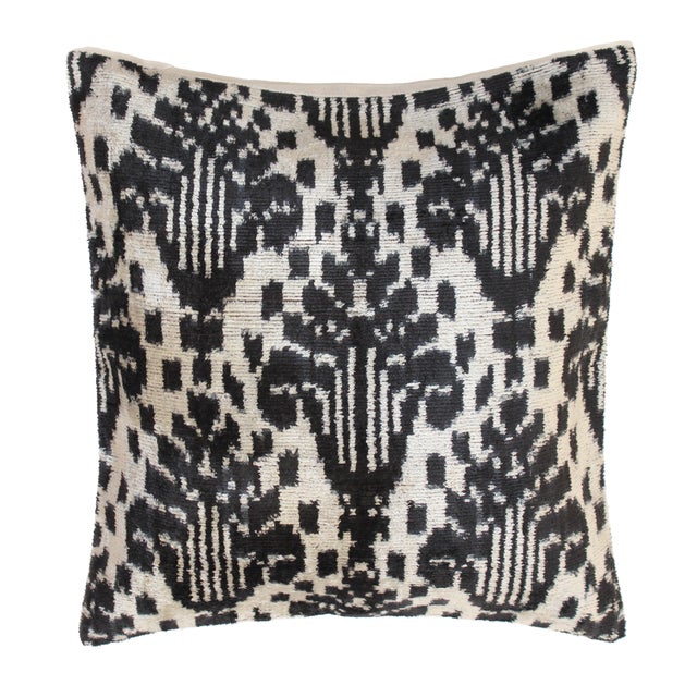 Black Contemporary Velvet Ikat Bohemian Throw Pillow For Sale - Image 8 of 8