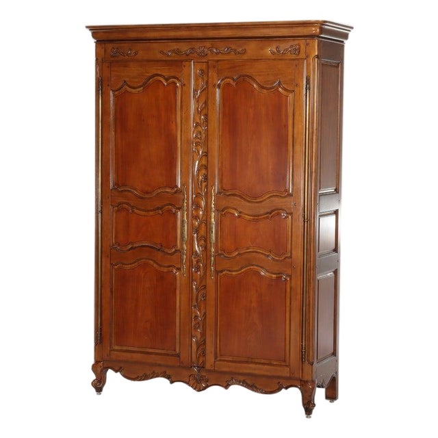 French Pierre Deux Louis XIV Carved Mahogany Country Double Door Armoire 20thC For Sale