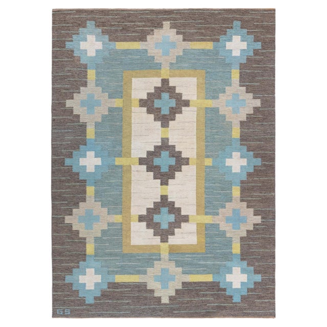 Doris Leslie Blau Vintage Swedish Flat Woven Rug Signed With Initials GS For Sale