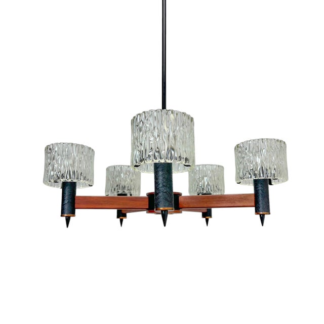 Mid-Century Modern Teak and Textured Glass Chandelier by Carl Fagerlund for Orrefors, 1960s For Sale - Image 3 of 16