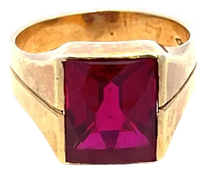14k Yellow Gold Emerald-Cut Red Stone Ring, Size 6