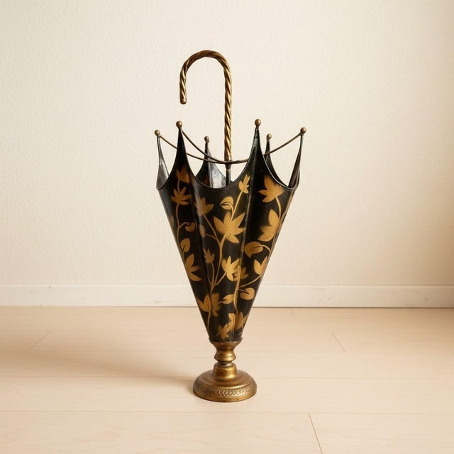 Vintage Italian Toleware Umbrella Stand-Black-Gold-Floral-Metal-Holder-Cane For Sale - Image 4 of 10