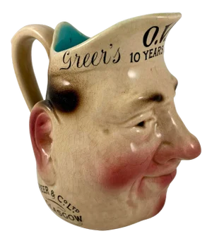 French Sarreguemines Advertising Face Jug for Greer's Scotch Whiskey, 1890s