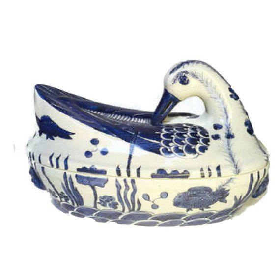 Mid Century Chinese Porcelain Tureen Duck Serving Bowl Lidded Dish