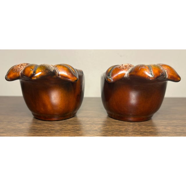 1960s Vintage 1960’s American Mid Century Modern Brown Ceramic Drip Glaze Flower Bowl Form Votive Candle Holders - A Pair For Sale - Image 5 of 6