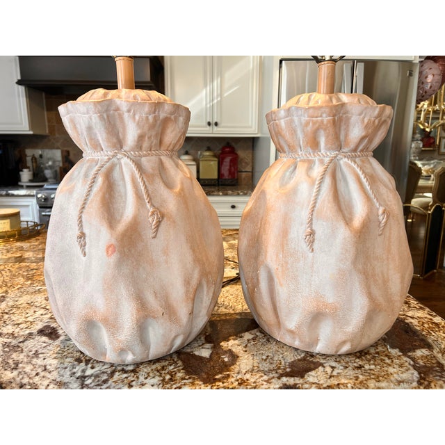 Modern 1980s Pair Vintage Post Modern Paper Bag Rope Tie Ceramic Plaster Lamp For Sale - Image 3 of 12