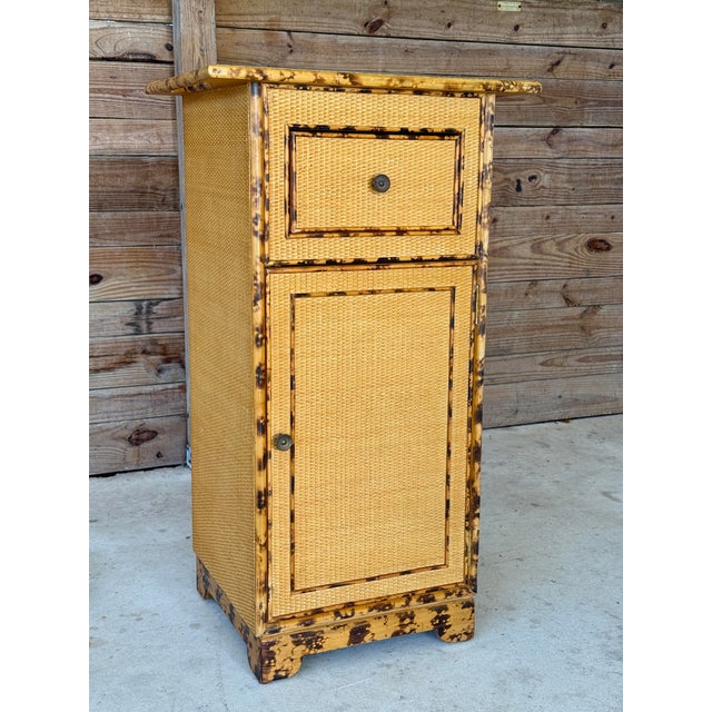 Wood Vintage British Colonial Tortoise Rattan Cabinet With Drawer For Sale - Image 7 of 12