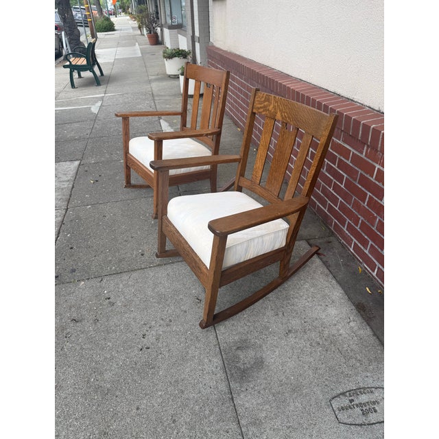 Wood Arts & Crafts Rocker Matched Pair Circa 1900 Quartersawn Oak For Sale - Image 7 of 7
